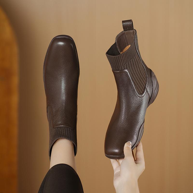 Fashion 2025 NEW Autumn Women Boots Sheepskin Leather Women Shoes Square Toe Chunky Heel Slip-on Ankle Boots Chelsea Ladies Boots