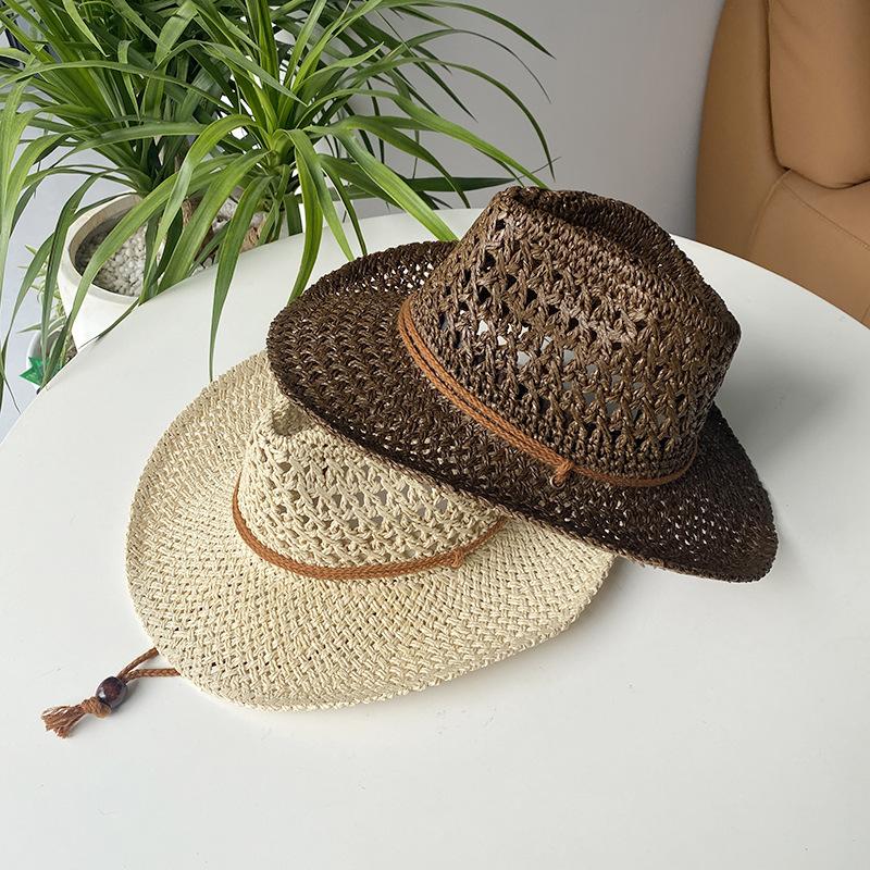 New Summer Outdoor Men Women Hand-woven Western Cowboy Paper Straw Hats Wide Brim Breathable Beach Jazz Cap Sun Protection Hat