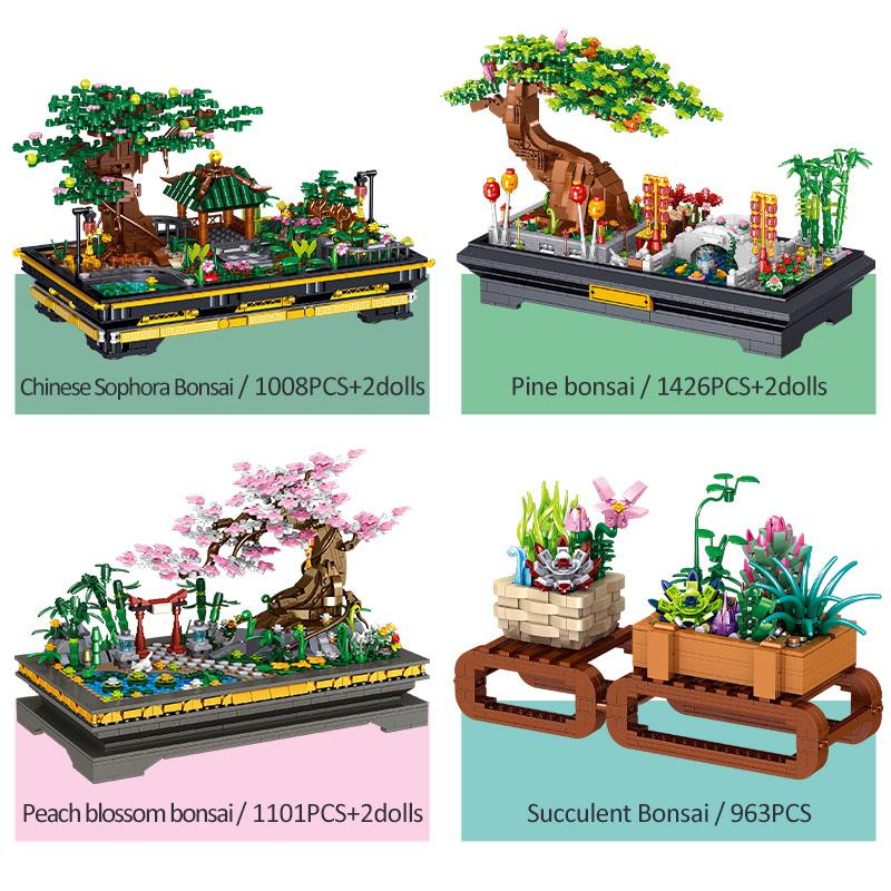 Mini Garden Bonsai Building Block Cherry Blossom Pine Pavilion 3D Model Brick Plant Potted Home Decoration Children's Toy Gift