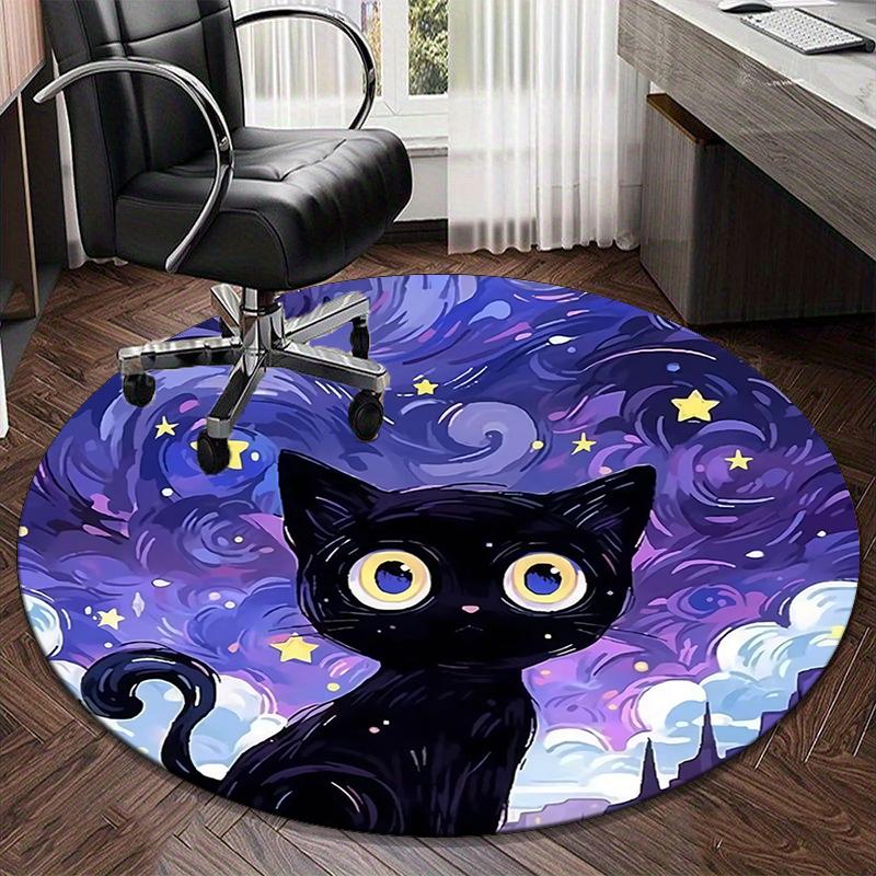 Starry Night Cat Round Carpet Chair Cushion Round Entryway Rug, Soft Round Rugs for Living Room, Bedroom, Circle Carpet Decor Gifts
