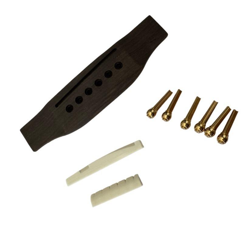 Solid Wood Guitar Bridge Set: Includes Saddle, String Pins, Upper & Lower Nut, Copper String Pin Set