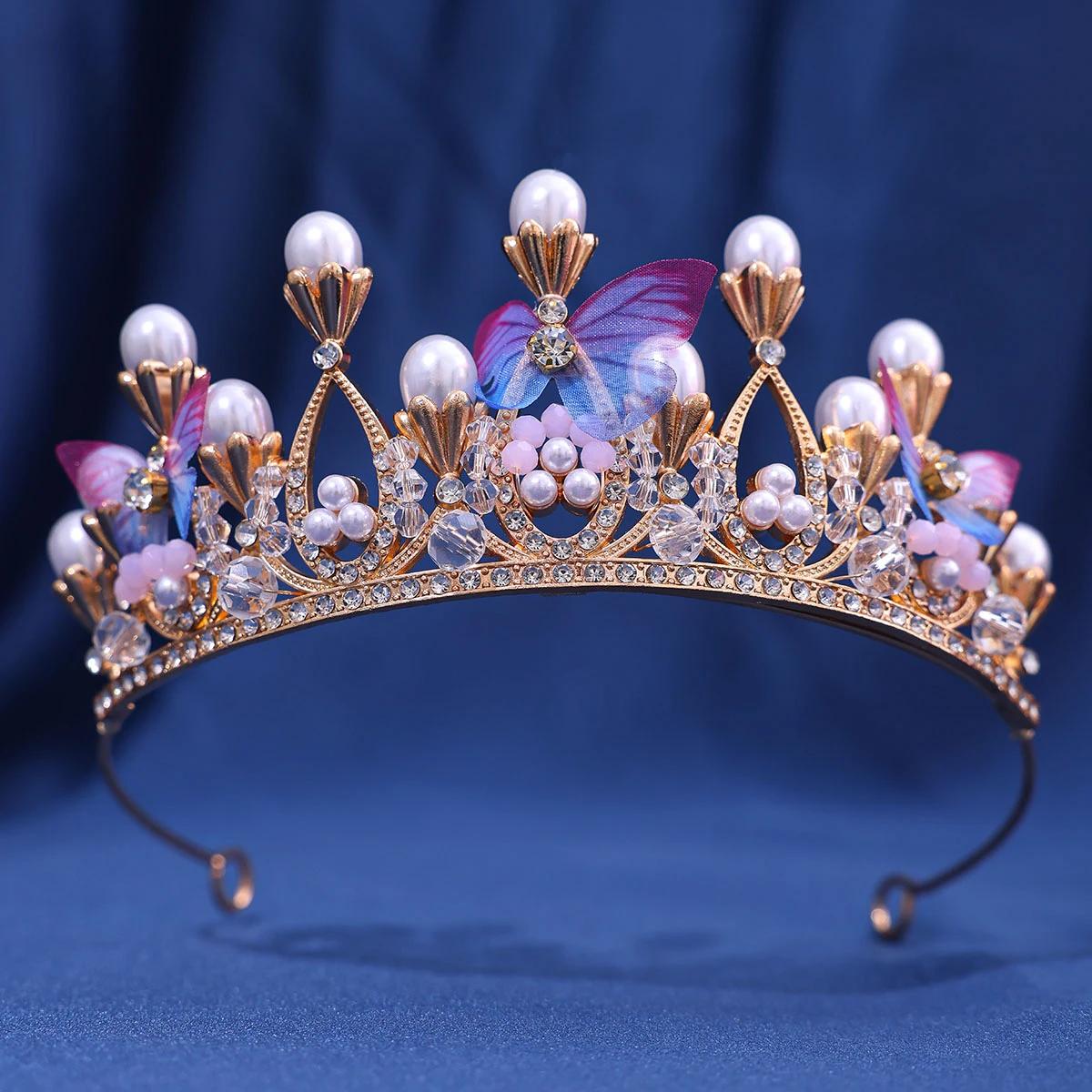 

Children and Adults Romantic Butterfly Shape Princess Crown for Girls Handmade Rhinestone Tiara Pearl Headband for Birthday золотий