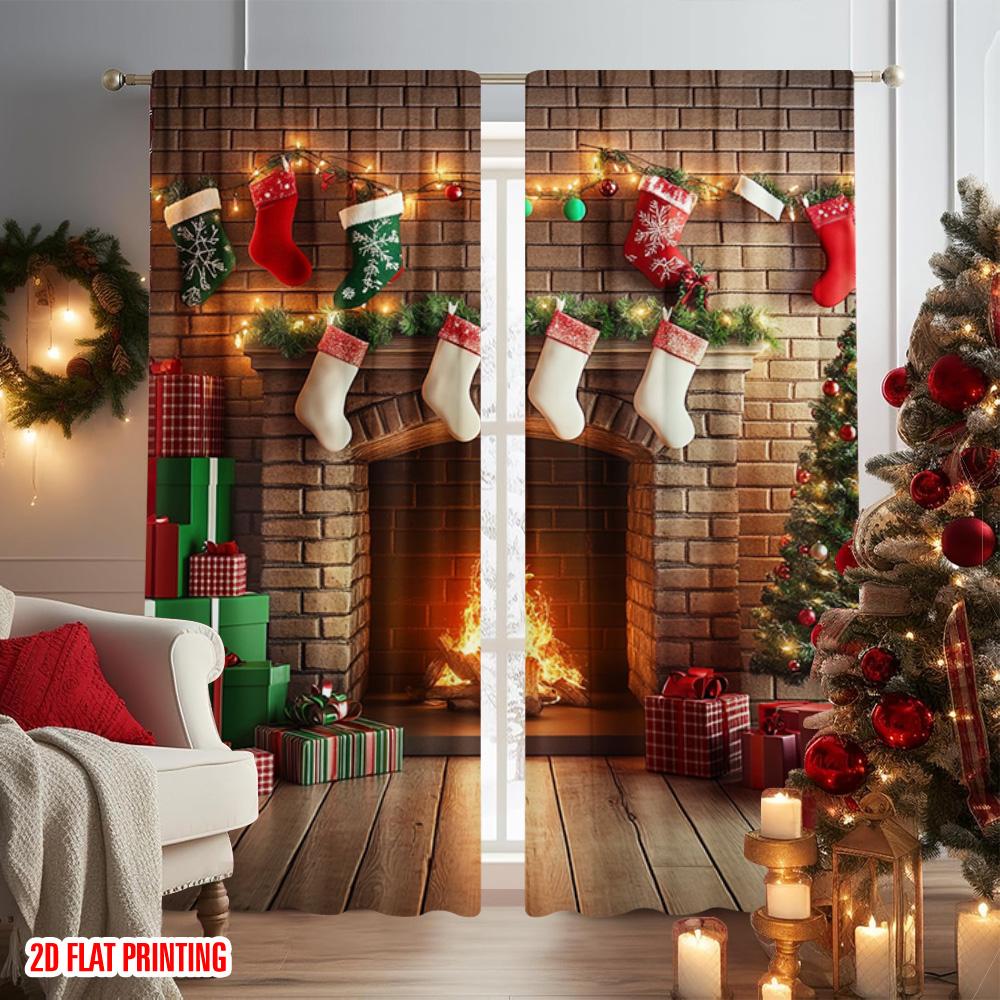 2pcs 2D Flat Printing Christmas Window Curtains Vintage Christmas Fireplace 100% Polyester Without Electricity Family Party for