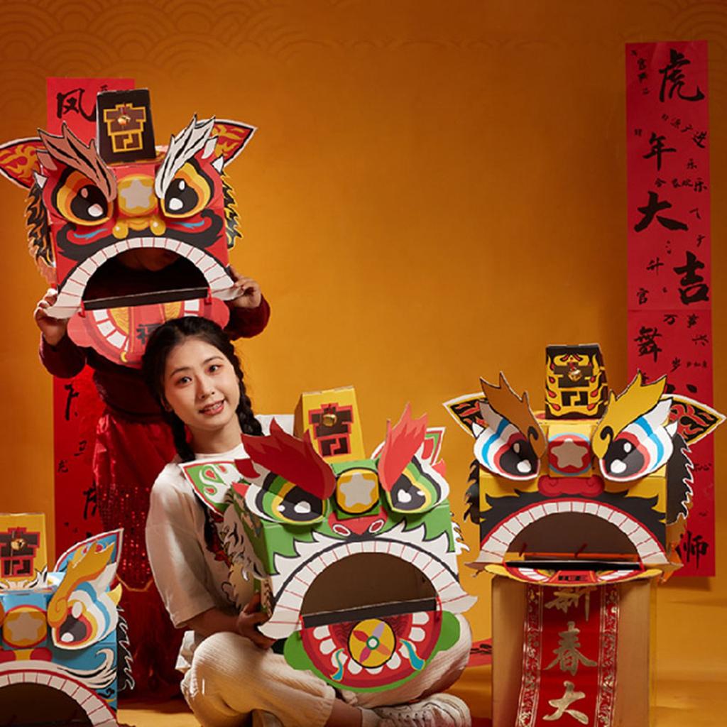 Chinese Lion Dance Head DIY Assembly Interesting Educational Cute Style Paper Decorative Craft Model for Toy Red
