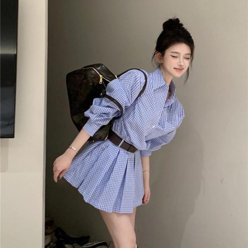 Women's Preppy Plaid Shirt Dress: Blue & White, Long Sleeve, Padded Shoulder, A-line, High Waist, Pleated, Early Autumn