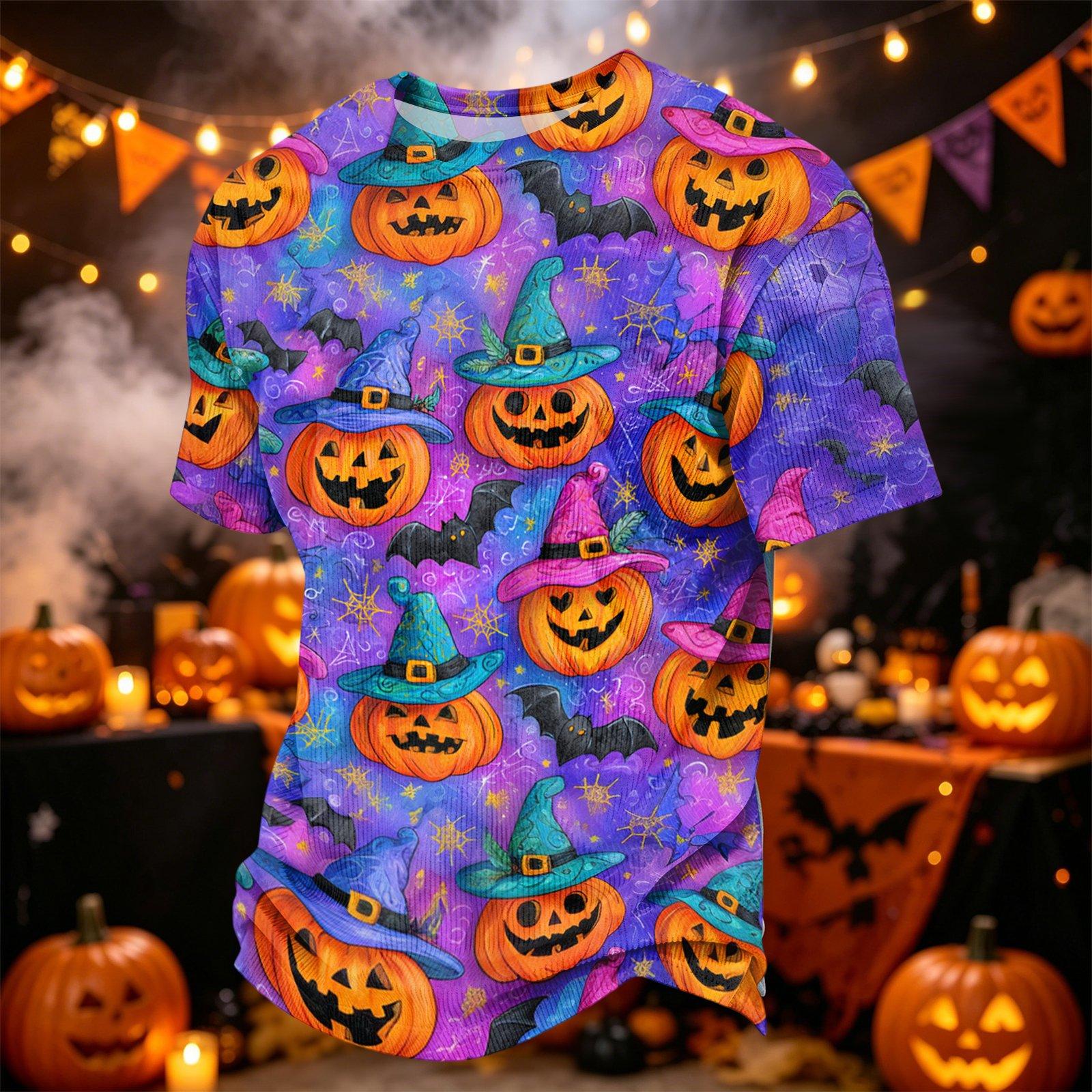 Men Corduroy Crew Neck Lightweight Breathable Short Sleeve Top with Halloween Pumpkin and Bat Print for Casual Wear L чёрный