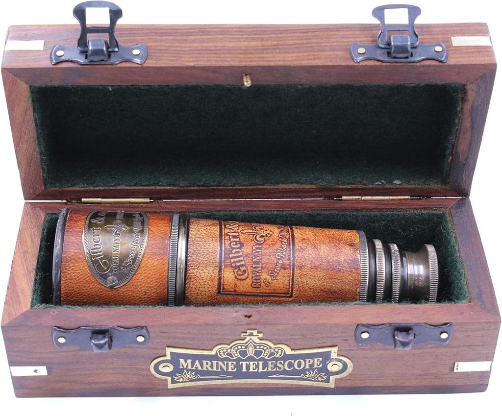 Marine Telescope Nautical Antique Solid Brass Pirate Spyglass 16 Inch Wooden Box