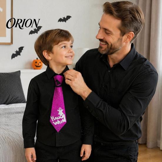 Halloween Cosplay Props Glitter Felt Tie, Skull Pumpkin Ghost Spider Bat Print Necktie Holiday Celebration Tie for Kids Adults, Adjustable Neck