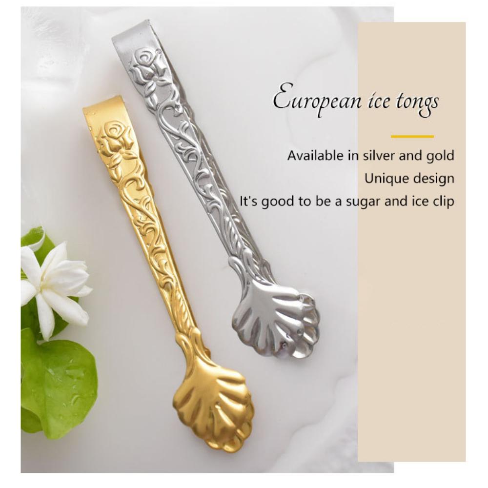 Vintage Rosrelief Rostfritt Stål Is fyrkantiga sockerklämmor små Sockertång Matklämmor Köksserveringstång Barutrustning Tillbehör