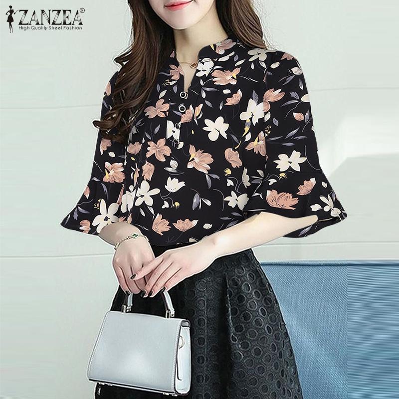 

ZANZEA Женская повседневная летняя блузка с v-образным вырезом и коротким рукавом с принтом