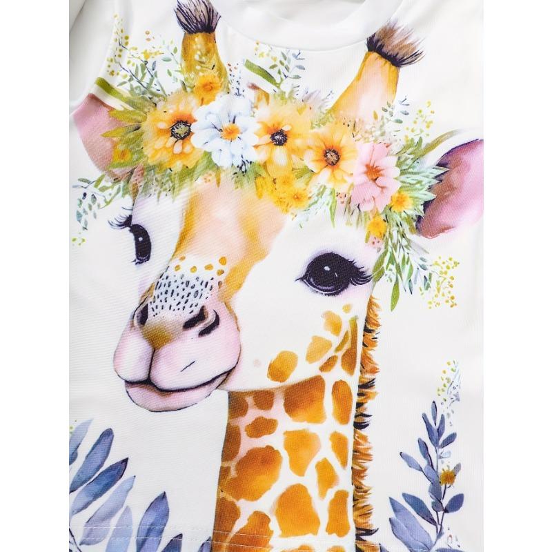 2pcs Girls Cartoon Giraffe Print T-shirt Long Sleeve Hoodie + Long Pants Girls Clothes Suitable for Spring and Autumn, Perfect for Outdoor