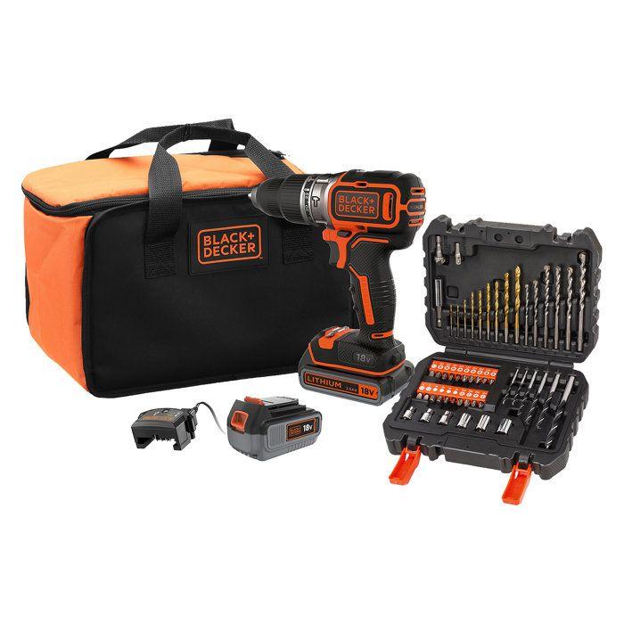 Perceuse a percussion BLACK+DECKER sans fil 18V + 2 batteries 2,5Ah et 4Ah+ 50 accessoires + sac de rangement - BL188ME2SA-QW