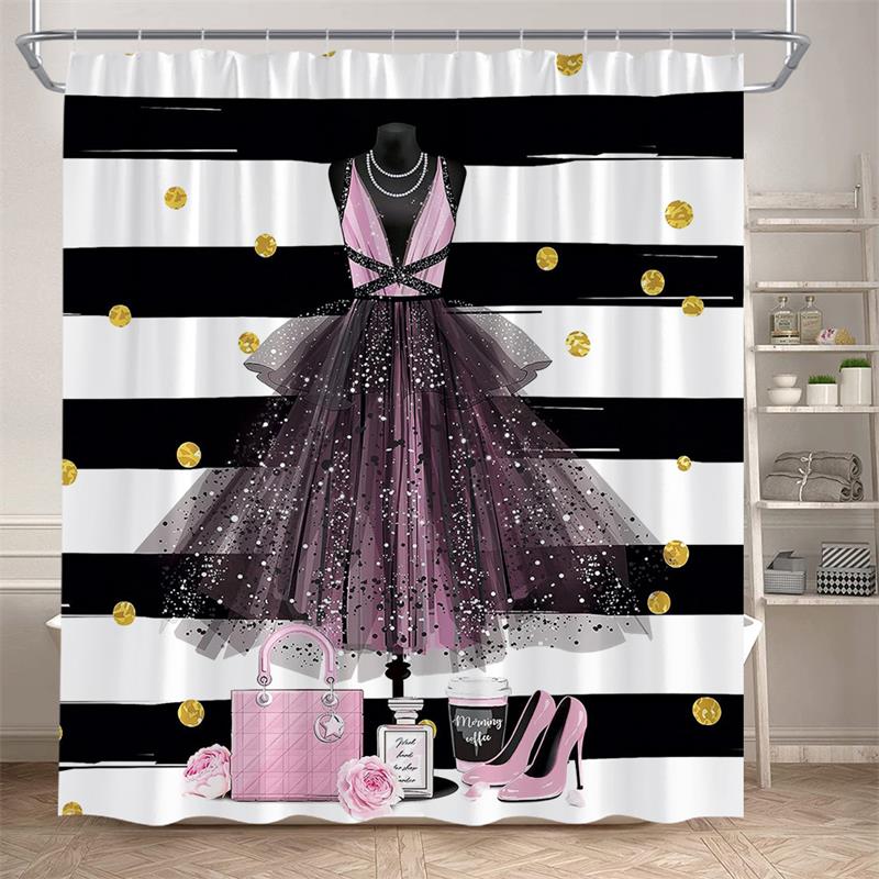 Floral Perfume Shower Curtains Pink Flower Butterfly Red High Heel Black White Stripe Fashion bath Curtain Fabric Bathroom Decor