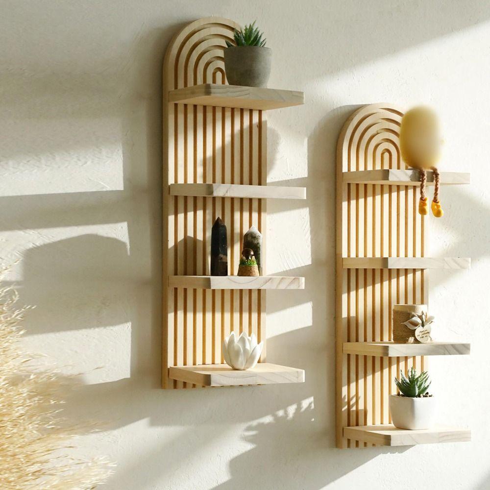 Minimalist Wooden Wall Shelves Oval Threaded Artistic Wooden Stand  Plants Display