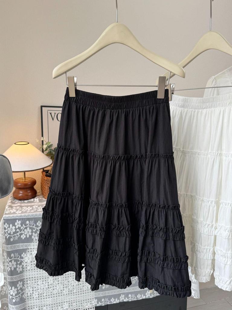 Versatile A-line Layered Cake Skirt with Ruffle Lace - Petite High-Waisted Midi White Skirt for Women