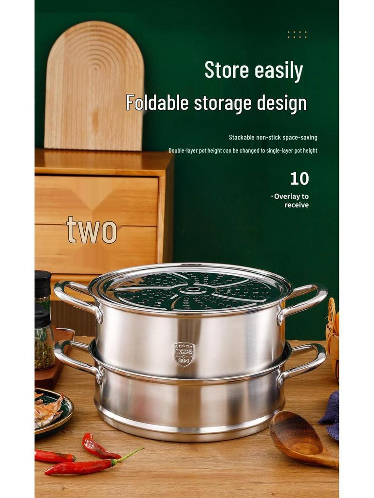 Extra Large 304 Stainless Steel Steamer with Glass Lid, 28-34cm, Dual/Triple Layer and Composite Bottom, Steel Handle