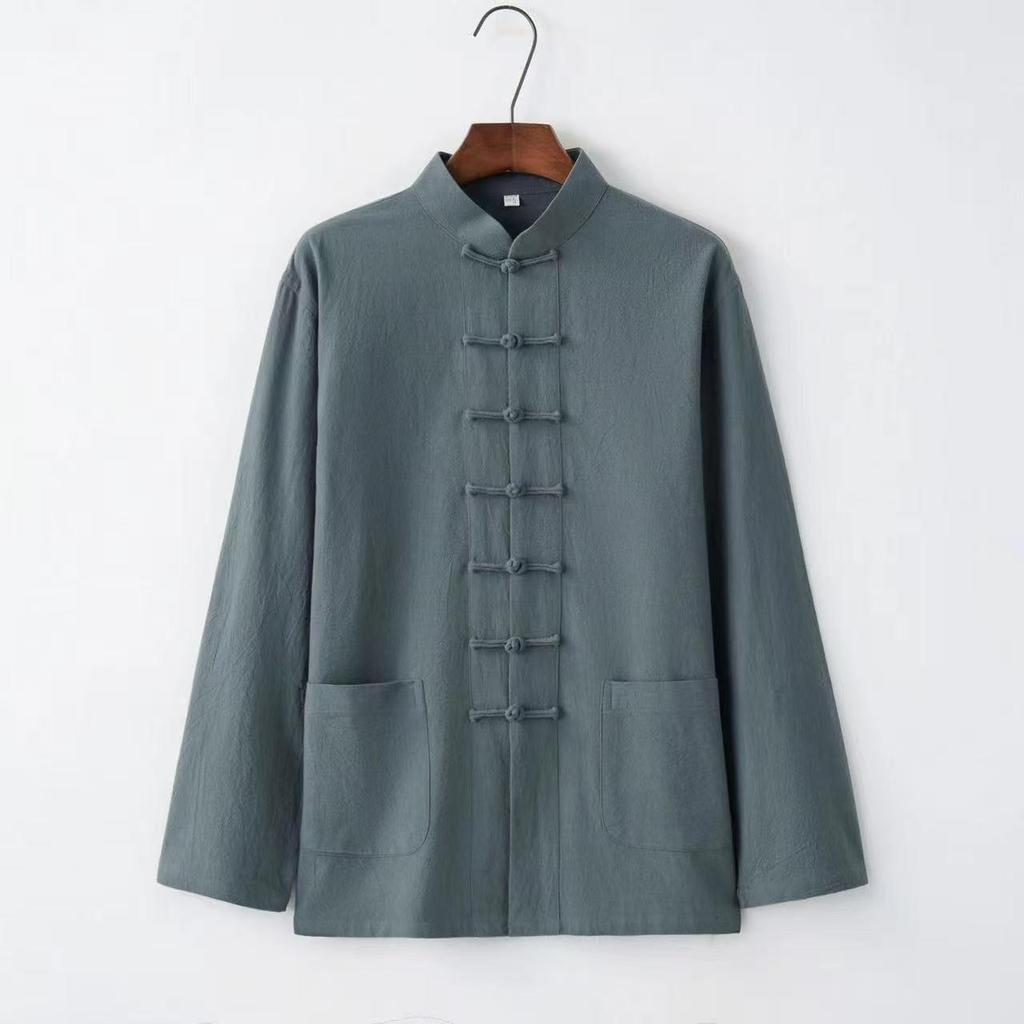 Men's Retro Chinese Style Tang Suit - Cotton and Linen Long-Sleeved Zen Top for Tai Chi.