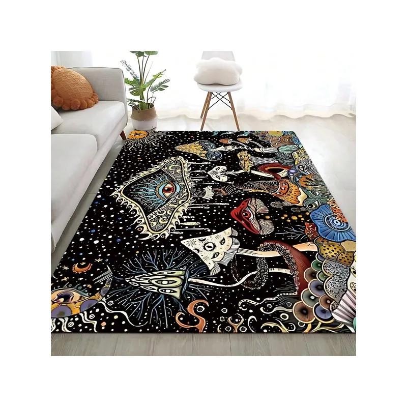 Sun & Moon INS Skull Mushroom Bohemian Style Pattern Carpet Modern Thick Elastic Living Room Rug, Non-Slip Rug Kitchen Doormat