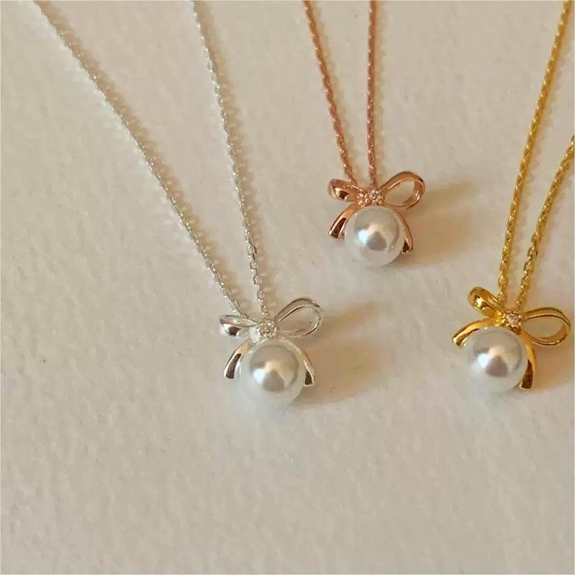 New Fashion Jewelry 925 Silver Necklace for Women 18K Gold Plated Sterling Silver Bowknot Pearl Pendant Necklace