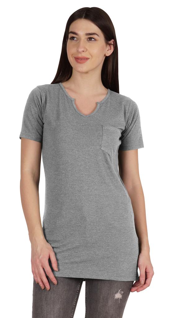 Inkmeso Long Length Notch Neck Top For Women Basic Cotton Tee Shirt w  Pocket Patch Legging