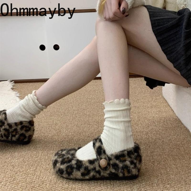 Autumn Winter Short Plush Women Mary Jane Shoes Comfort Round Toe Soft Sole Shoes Outdoor Warm Cotton Flats Shoes