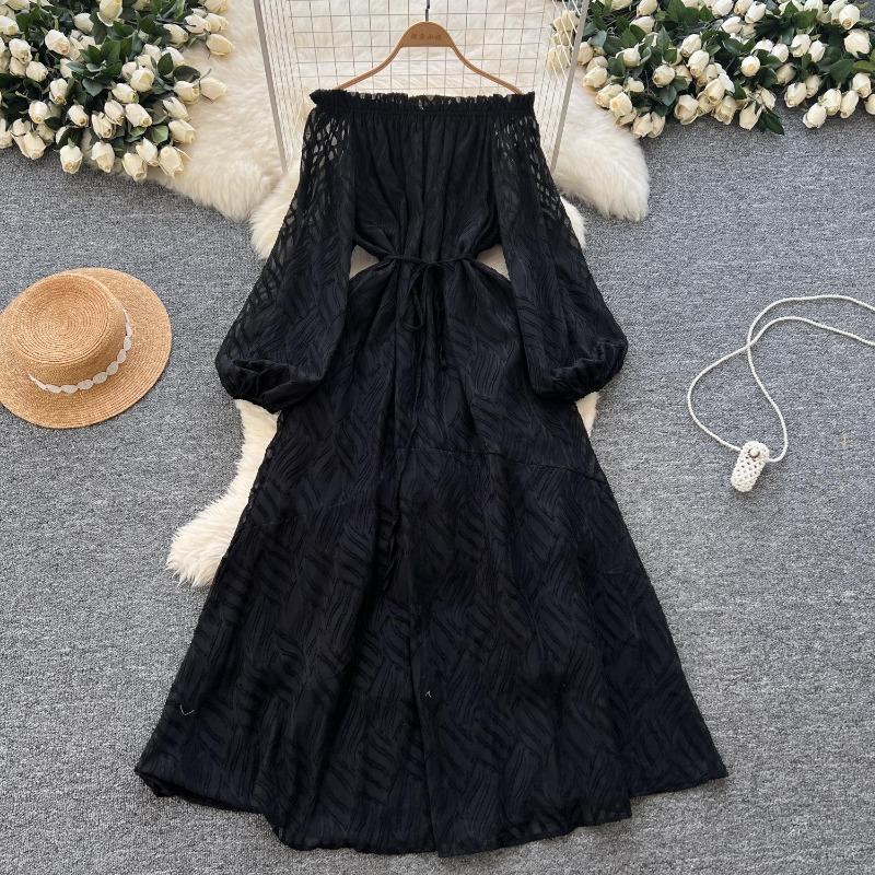 Lantern-sleeved Cinched Waist Elegant French Slimming Dress for Women