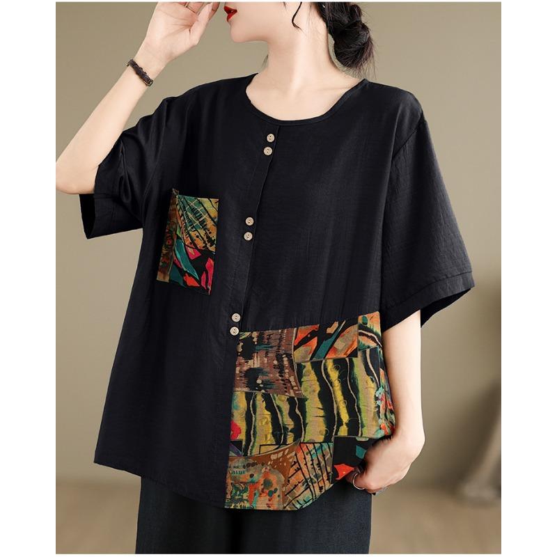 

DIMANAF 2024 летние женские футболки больших размеров с коротким рукавом, винтажные женские топы, свободные повседневные хлопково-льняные рубашки 2XL чёрный