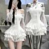 Women's White One-Shoulder Ruffle Long Sleeve Dress: Autumn/Winter Princess Style Gown with Puffy Skirt