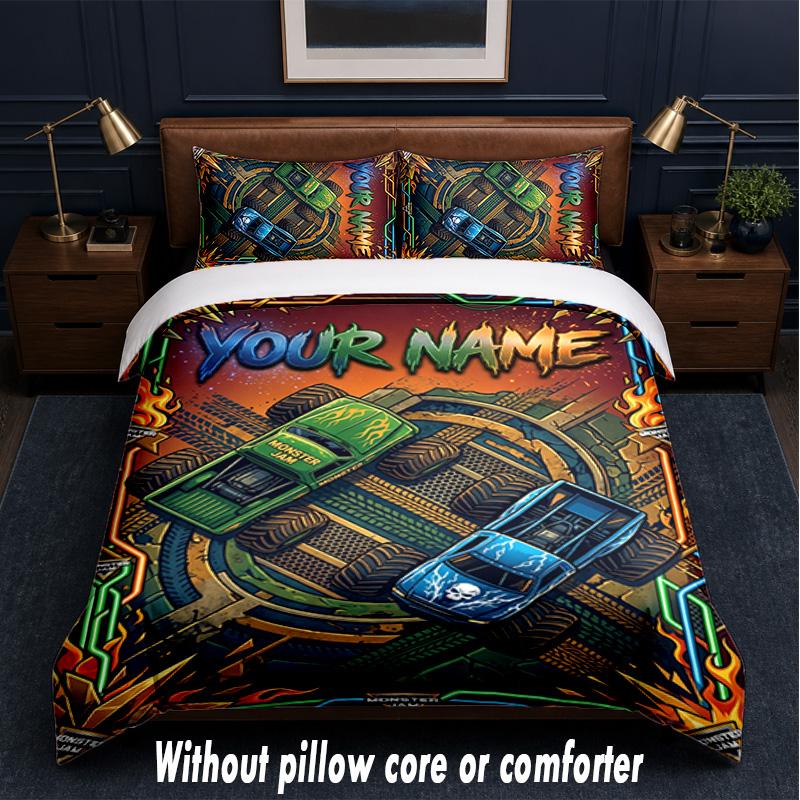 Monster Truck Theme Custom Text Or Name 3Pcs Bedding Set,1 Flat Sheet & 2 Pillowcases Personalized Home Bedding