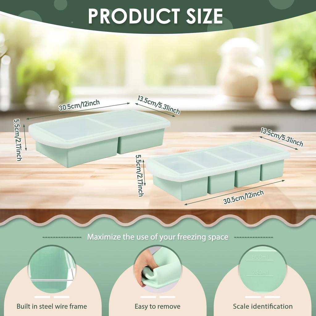 2Pcs Silicone Freezer Tray with Lid Easy Release Ice Cube Mold Soup Freezer Container Mold with Capacity Marking for Sauce Puree