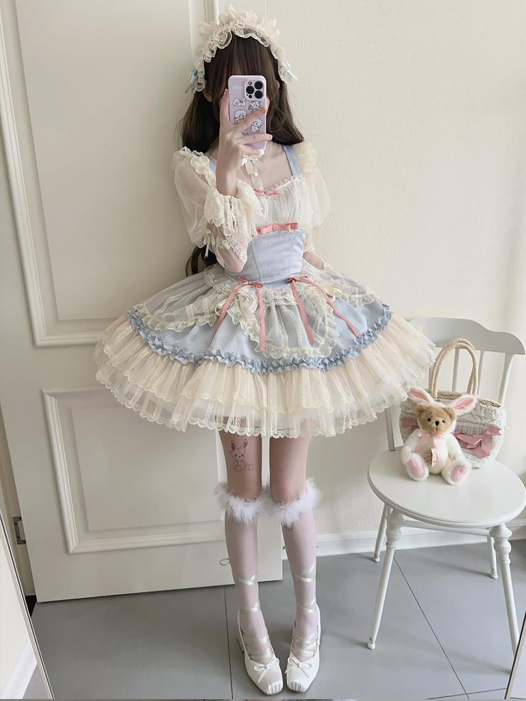 XHSUKADO Lolita JSK Jumper Skirt with Camisole and Dreamy Cute Gothic Lolita Outfit with Ruffles and Mori Girl Princess Lolita Idol Light Size M