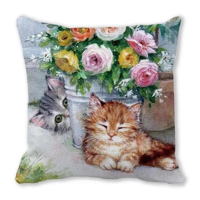 Urocza poszewka na poduszkę z nadrukiem zwierzęcym kota i psa do dekoracji sofy w salonie domowym, kwadratowa poszewka 45x45cm