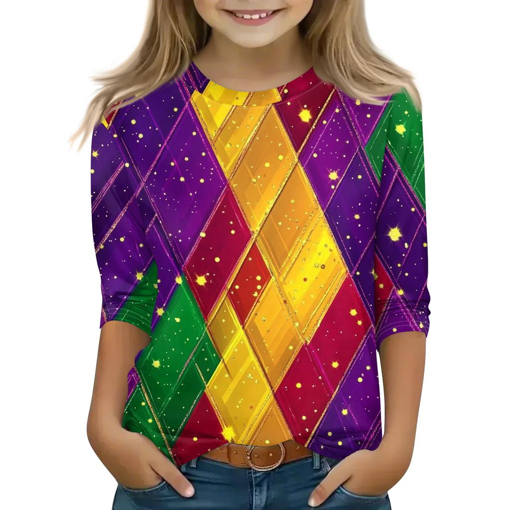 Print Tops For Youth Girls Round Neck 3/4 Sleeves T-Shirts Trendy Tops Outfit Tees