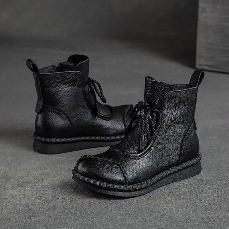 Johnature Flat Bottom Plush Warm Cotton Boots Solid Color Retro Genuine Leather Women's Short Boots