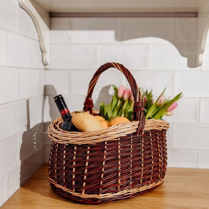 Panier - CREATIVE HOME - Bicolore Champignons - Osier naturel tressé main - Ficelles amovibles lavables - 43x33x40 cm