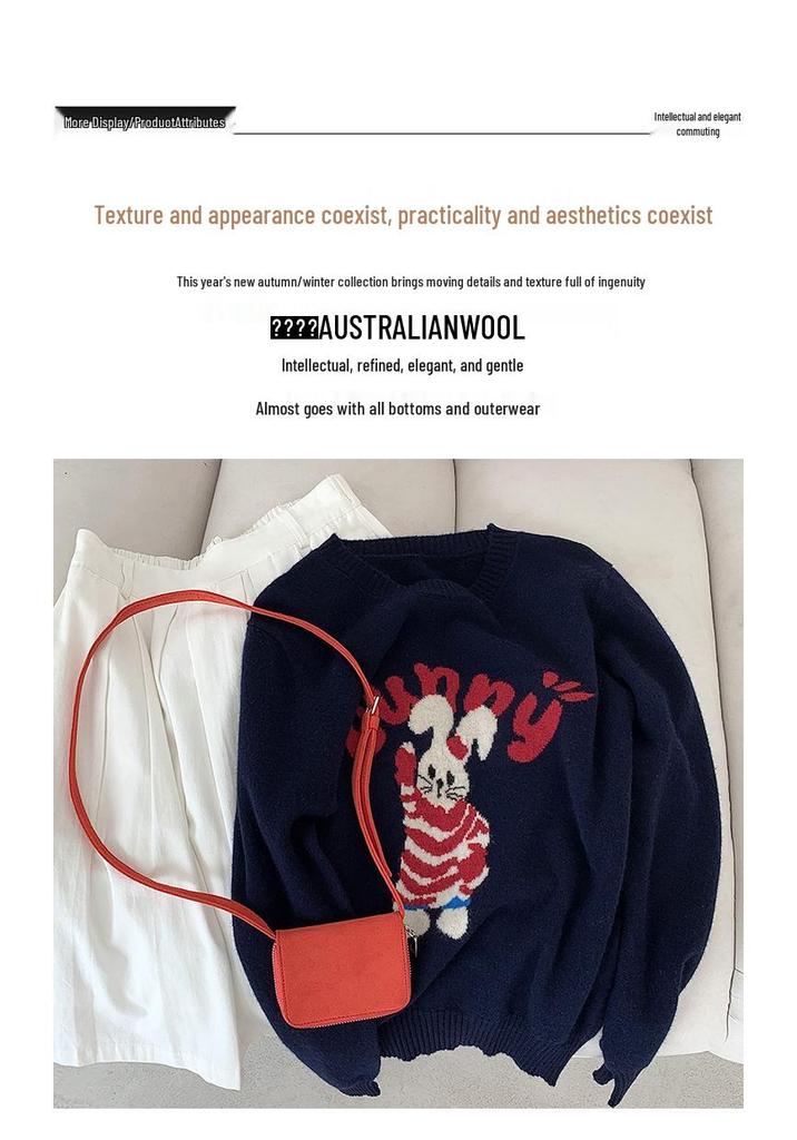 Women's Wool Round Neck Sweater with Cartoon Bunny Embroidery - Cute Style for Autumn/Winter