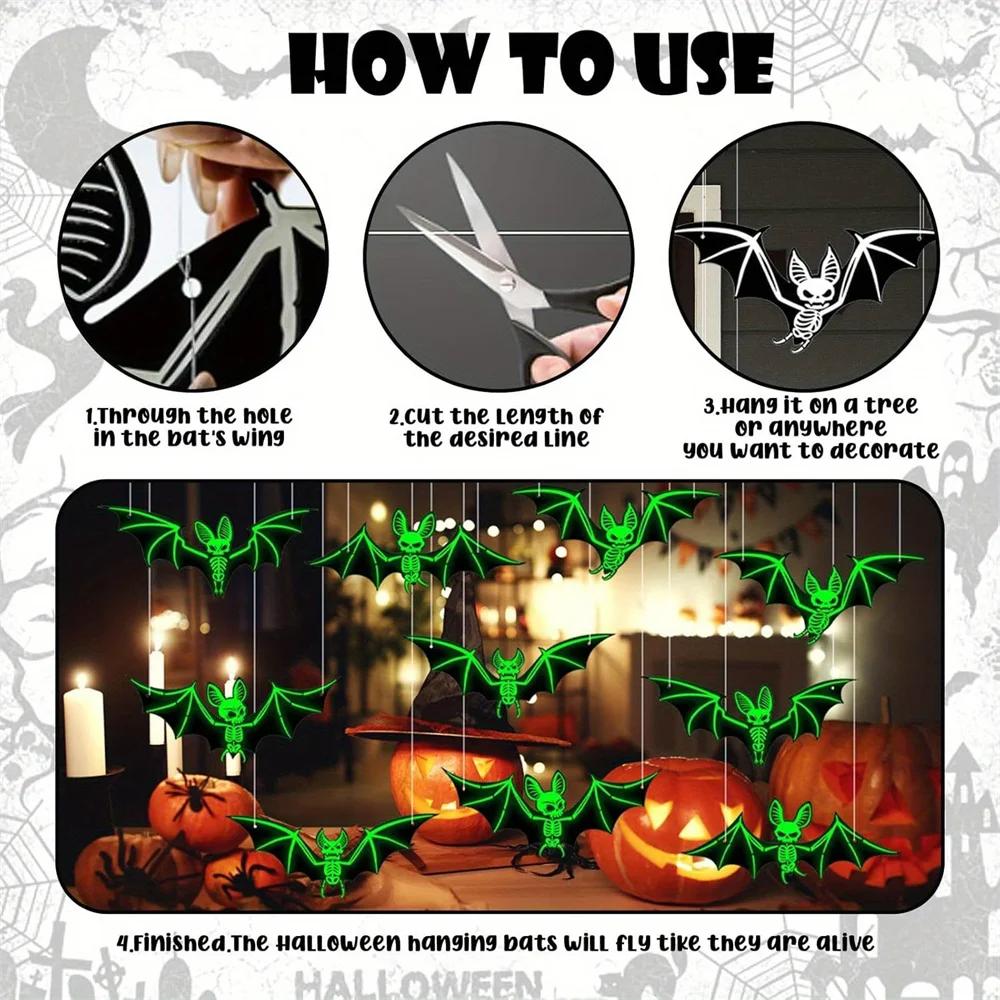10/20/50pcs Halloween Hanging Glow-in-the-Dark Bats - 3D Glowing Green Plastic Decorations for Haunted House Parties
