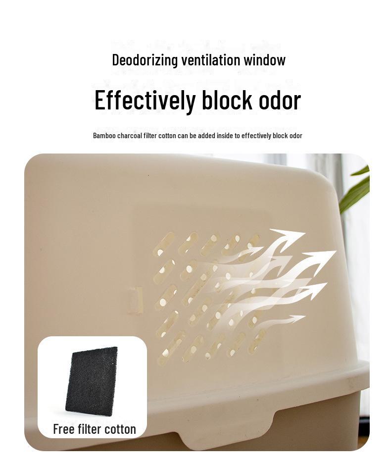 Uzavřená kočičí toaleta s odklápěcím víkem, deodorizační funkcí a lopatkou, odolná proti stříkající vodě a nadměrně velká pro snadné čištění