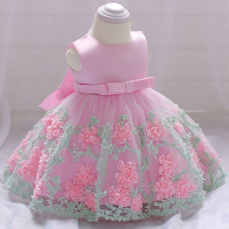 Summer Girls' Children's Dress Children's Wedding Dress Baby's First Birthday Dress Applique Mesh Puffy Skirt