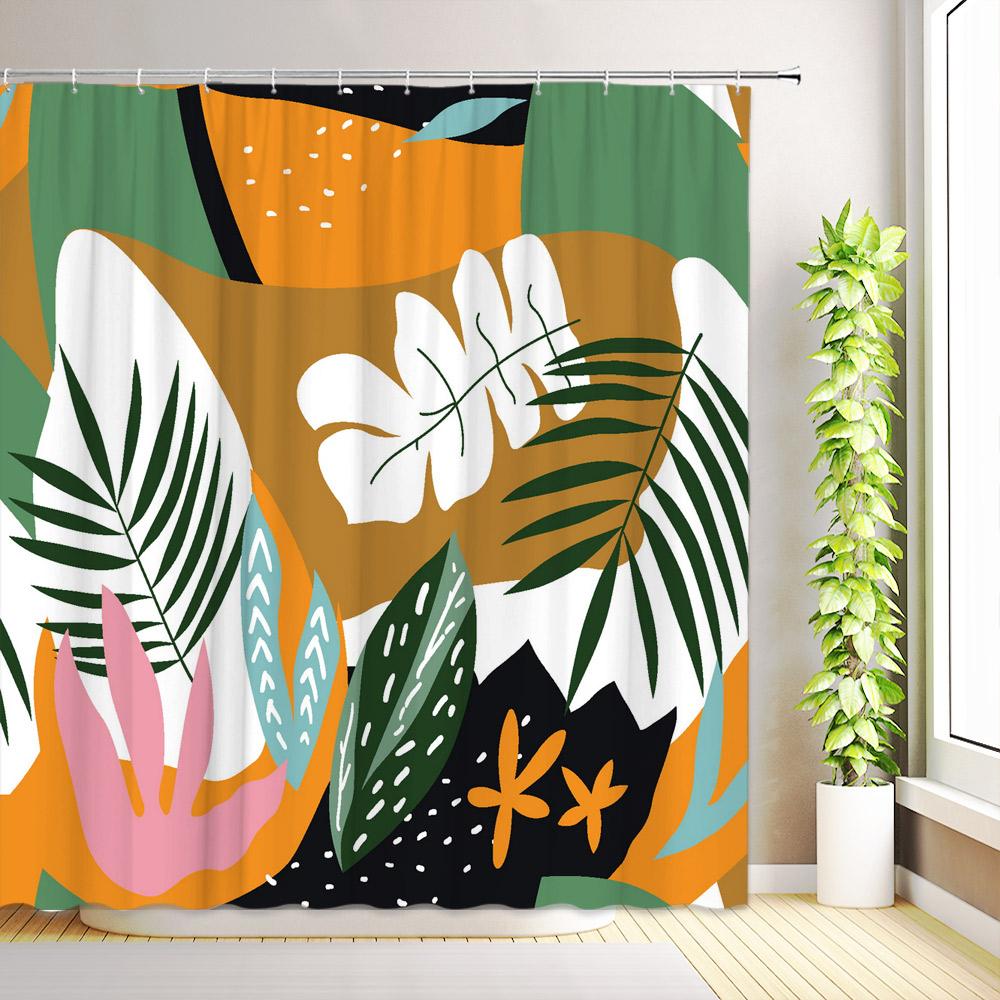 Boho Colorful Floral Shower Curtain Minimalist Abstract Art Modern Aesthetic Jungle Plant Tropical Leaf Bathroom Decor with Hook