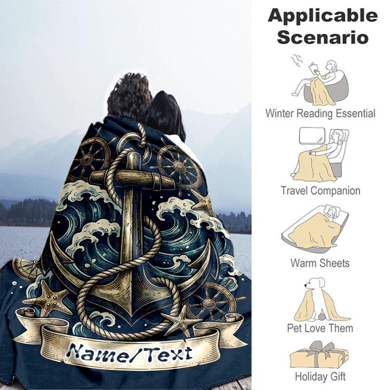 1PC Custom Name Nautical Anchor Adventure Outdooor Flannel Blankets Throw Blanket All-Season Throw Gift Bedspread for Couch, Bed, Camping Holiday Birt