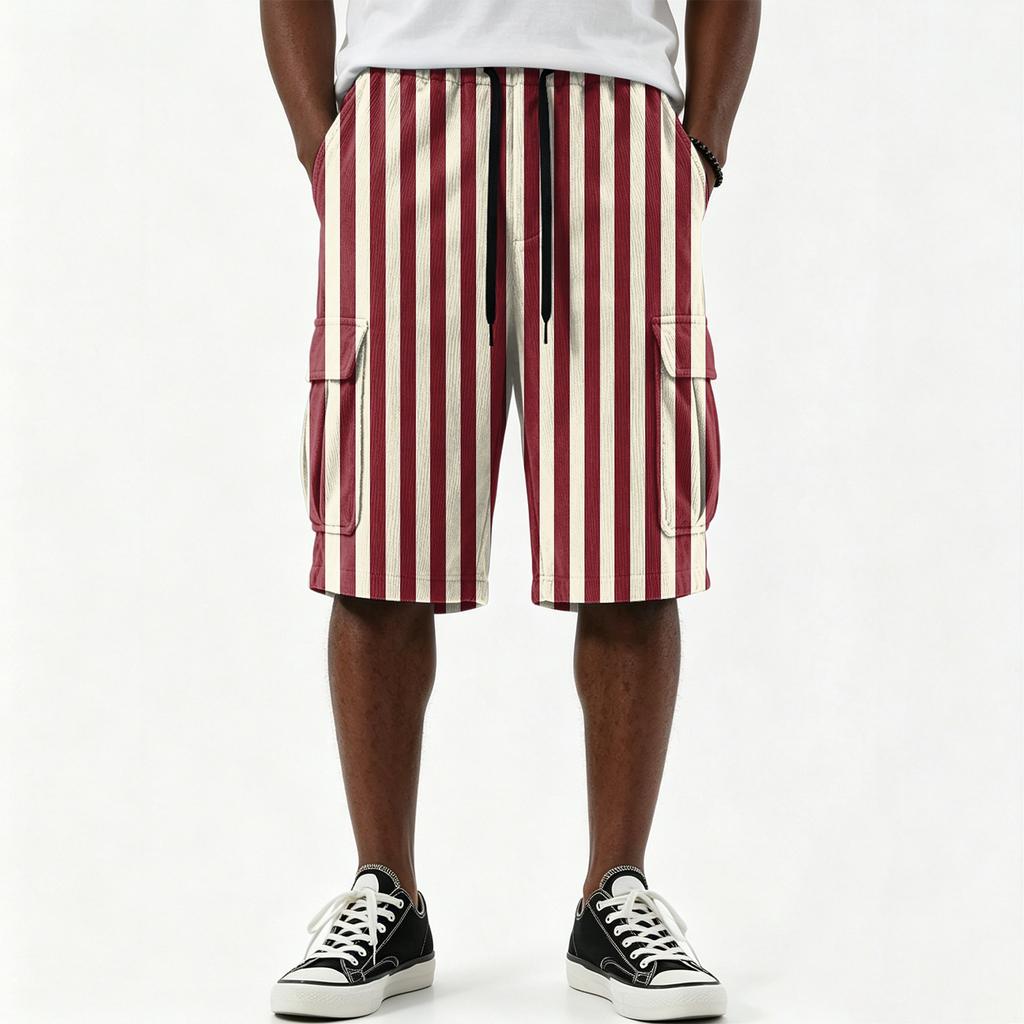 Men's Casual Striped Print Drawstring Shorts with Multiple Pockets Knee Length