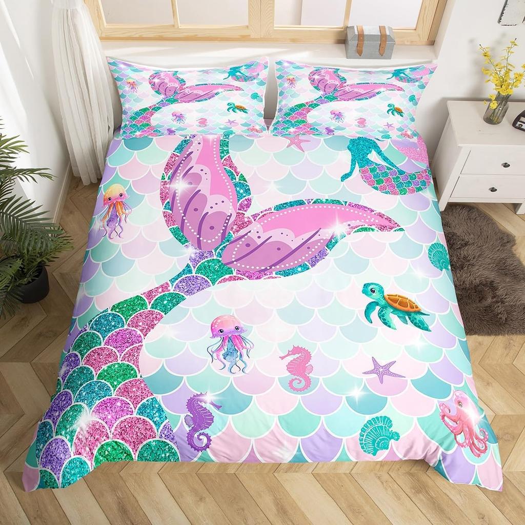 Erosebridal Mermaid Tail Bedding Set,Nautical Sea Animal Duvet Cover Twin Size for Kids Child,Fish Scale Sparkle Sequins Comforter Cover Oce