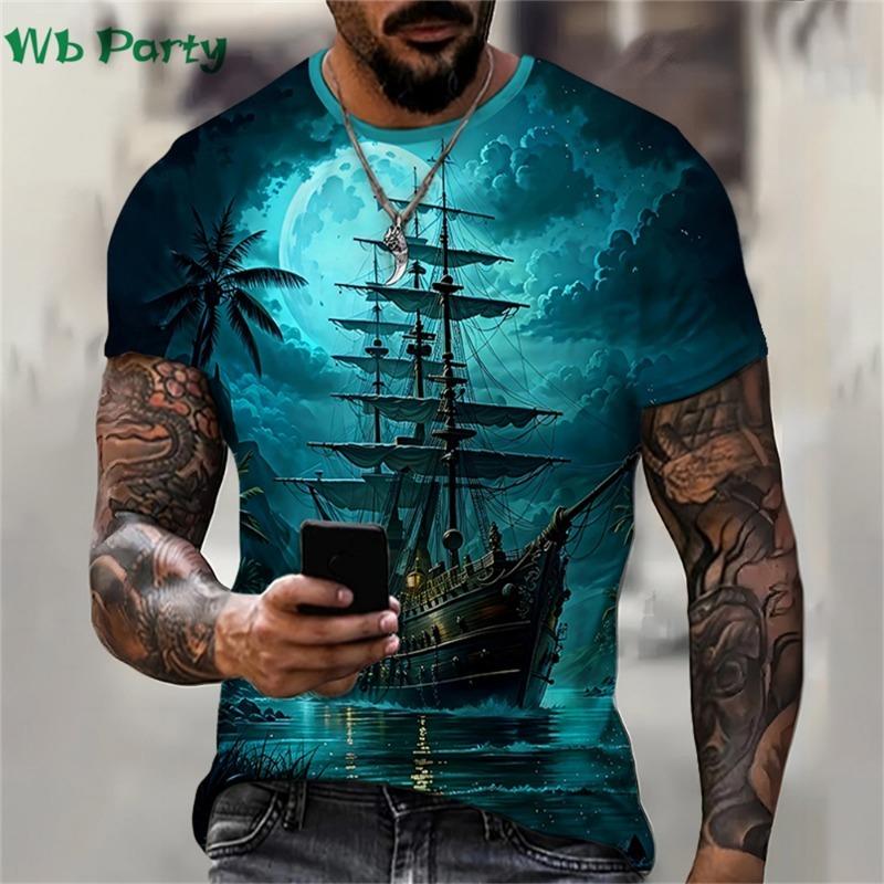 Pattern Print Mens Clothing T Shirt for Men Short Sleeve Tee Gym Clothing Men Male T-shirt Pirate Ship Print Clothes