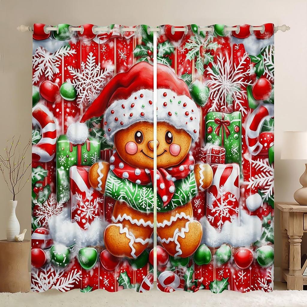 Christmas Gingerbread House Curtain Drapes Xmas Snowflake Window Curtains Kawaii Man Pattern Room Darkening Made Of Polyester