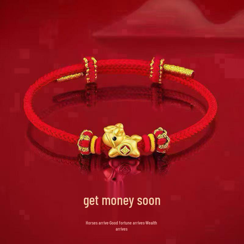 Gold 999 Zodiac Horse Charm Bracelet with Red Rope - Birth Year Gift for Girlfriend