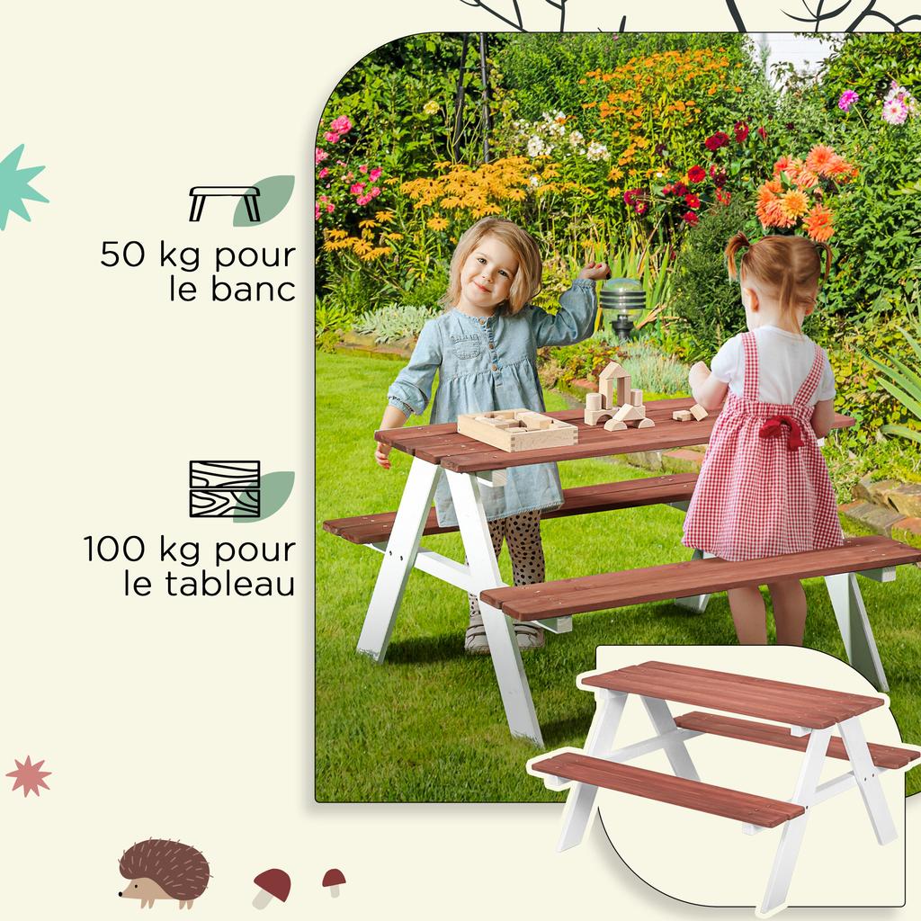 Children's picnic table with solid wood benches, children's table for the garden, 89 x 79 x 50 cm, brown and white