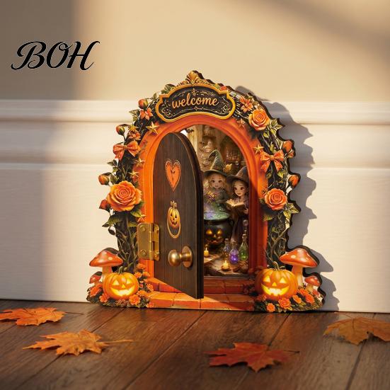 Openable Miniature Door Ornament Halloween Mouse Hole Wall Decoration, Retro Arched Fairy with Pumpkin Tale Garden & Flower Decor, for Holiday