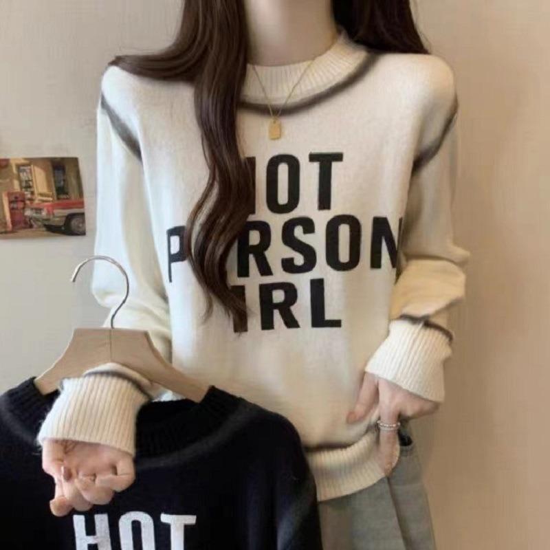 Früher Herbst neuer Retro lockerer Strickpullover mit Buchstabenprint für Damen Rundhals Nische vielseitig langärmliger Pullover