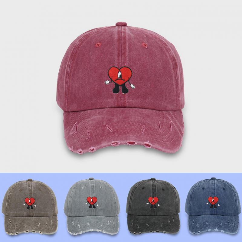Bad Bunny Style Baseball Cap Hip Hop Rapper Red Love Heart Ripped Unconstructed Sun Protection Distressed Outdoor Sport Hat